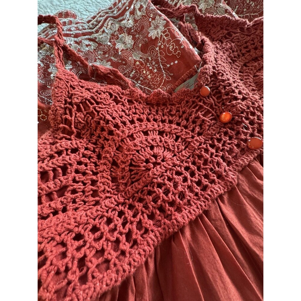 Boho Crochet Babydoll Dress Red Embroidered Sequin Hippie Festival Cotton Sz M - Picture 6 of 8